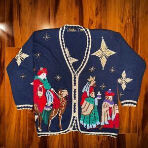 Vintage Belle Pointe Christmas Cardigan Sweater 3 Wise Men Nativity Beaded M/L